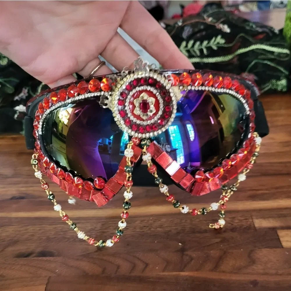 Hand Made Burning Man Goggles 🔥 Bohemian Red Mirrored Magic - Picture 2 of 2